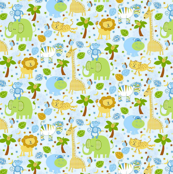 Oasis Fabrics Fun Flannels - Jungle Animals Lt. Blue - OA-44-7521 - Sewjersey.com