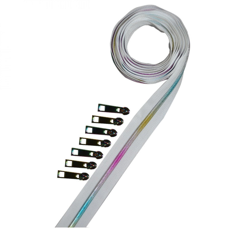 Metallic Zipper Tape White with Multicolored Teeth