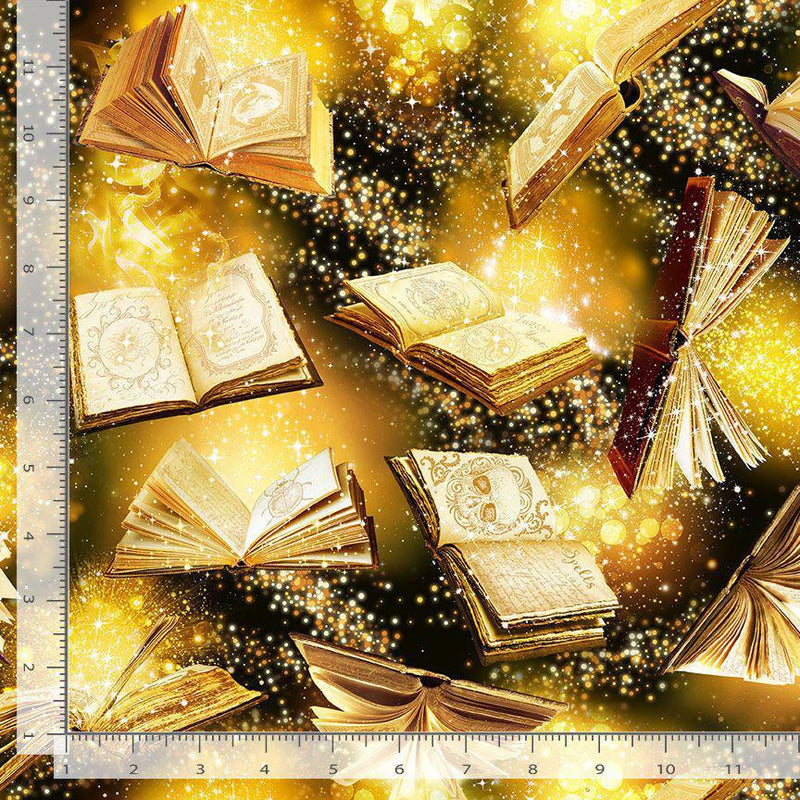 Timeless Treasures Mad Scientist Magic Spell Books Flying Gold LIBRARY-CD2531  GOLD
