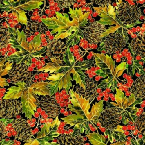 Oasis Fabrics Change of Seasons - Pinecones & Leaves Black OA594271 - Sewjersey.com
