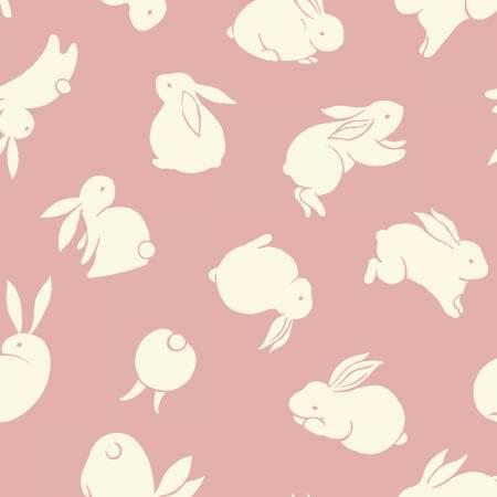 Paintbrush Studio Fabrics Bunnies on Coral Background - Moon Rabbit