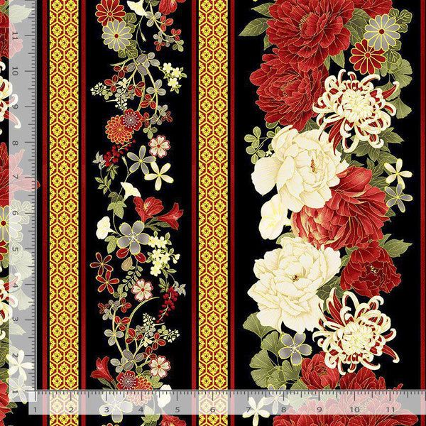 METALLIC ASIAN FLORAL 11"STRIPE KYOTO-CM1667  BLACK - Sewjersey.com