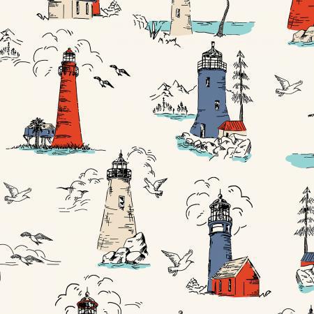 RJ2300-BR1 Smooth Seas - Lighthouse - Bright Fabric - Sewjersey.com