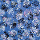 Floral pattern with black, white, and pink flowers on a blue background