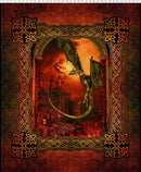 A fabric panel featuring dragons flying over a burning castle landscape. They are framed with an intricate, Celtic knot border. The background features a gradient of red and black dragon scales. There is a ruler at the top for scale. 