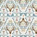 Patterned design with deer heads and foliage on a white background
