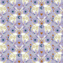 Pattern of stylized animals and abstract shapes on a purple background