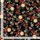 A fabric swatch featuring red, yellow, and white florals with metallic gold outlines tossed on a black background. The background includes rippling lines of metallic gold. There is a ruler along the side and bottom edge for scale.