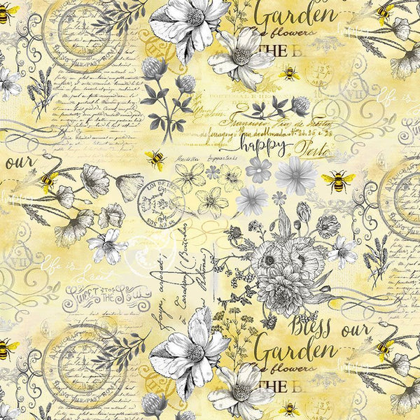 TIMELESS TREASURES FABRICS QUEEN BEE QUEEN BEE OLD FASHIONED TEXT HONEY - Sewjersey.com