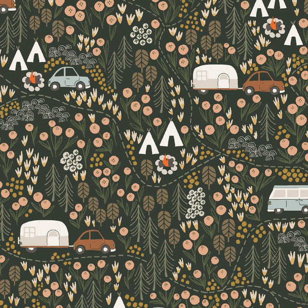 MT100-PI2 Get Out And Explore - Campfire Night - Pine Fabric - Sewjersey.com Camping Fabric