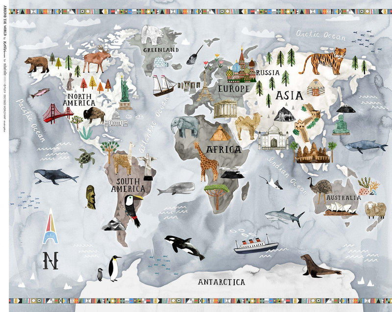 Michael Miller Around the World by Katie Vernon DDC10603 Multi 36" World Map Panel - Sewjersey.com